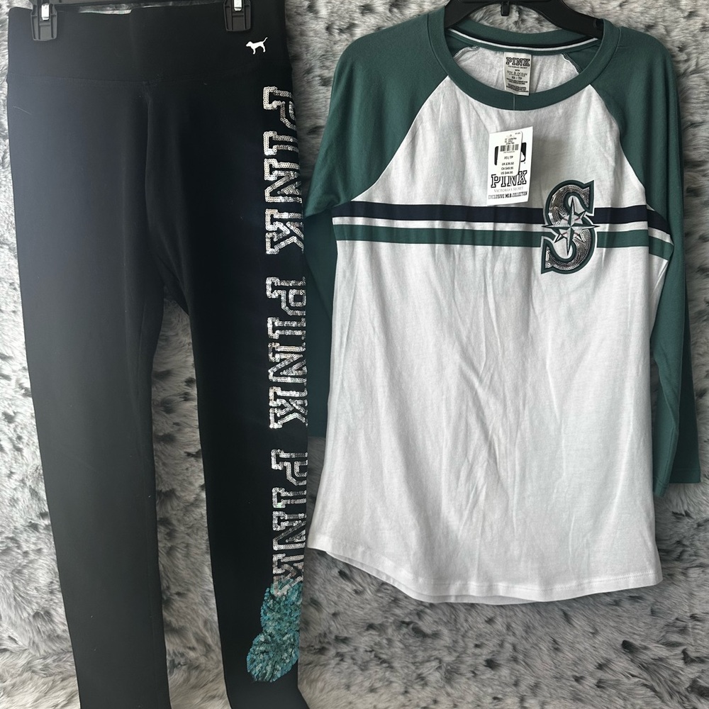 1025. Victoria Secret PINK xs top seattle Mariners 3/4-sleeve w bling yoga.